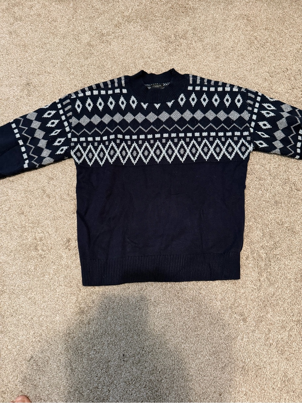 Ann Taylor Navy and White Fair Isle Crewneck Sweater